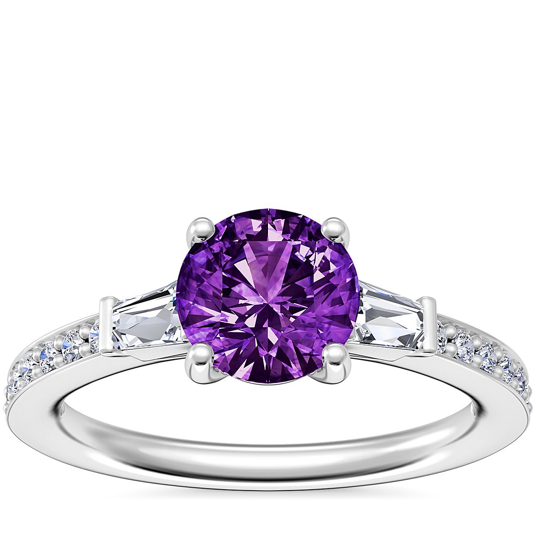 Tapered Baguette Diamond Cathedral Engagement Ring with Round Amethyst in 14k White Gold (6.5mm)