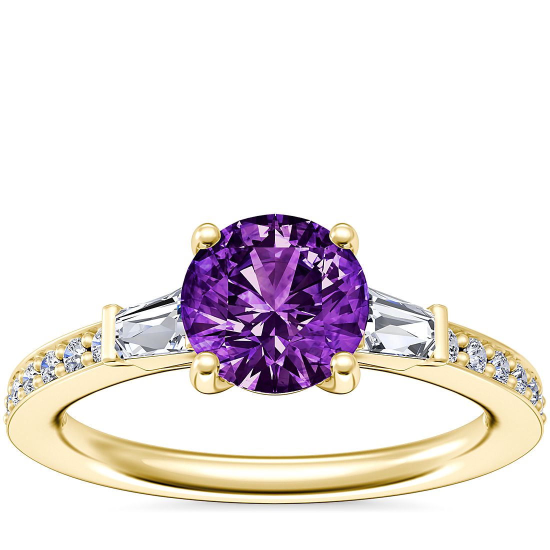 Tapered Baguette Diamond Cathedral Engagement Ring with Round Amethyst in 14k Yellow Gold (6.5mm)