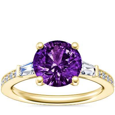 Tapered Baguette Diamond Cathedral Engagement Ring with Round Amethyst ...