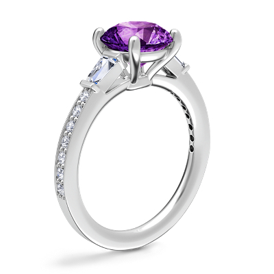 Tapered Baguette Diamond Cathedral Engagement Ring with Round Amethyst in Platinum (8mm)