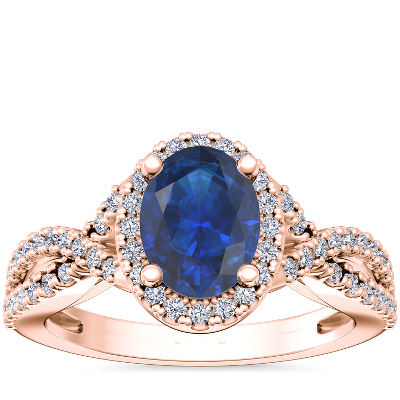 Twist Halo Diamond Engagement Ring with Oval Sapphire in 14k Rose Gold