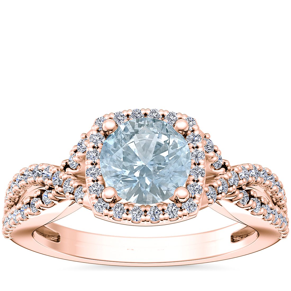 Anillo de compromiso de diseño torcido con halo de diamantes y aguamarina redonda en oro rosado de 14 k (6,5 mm)