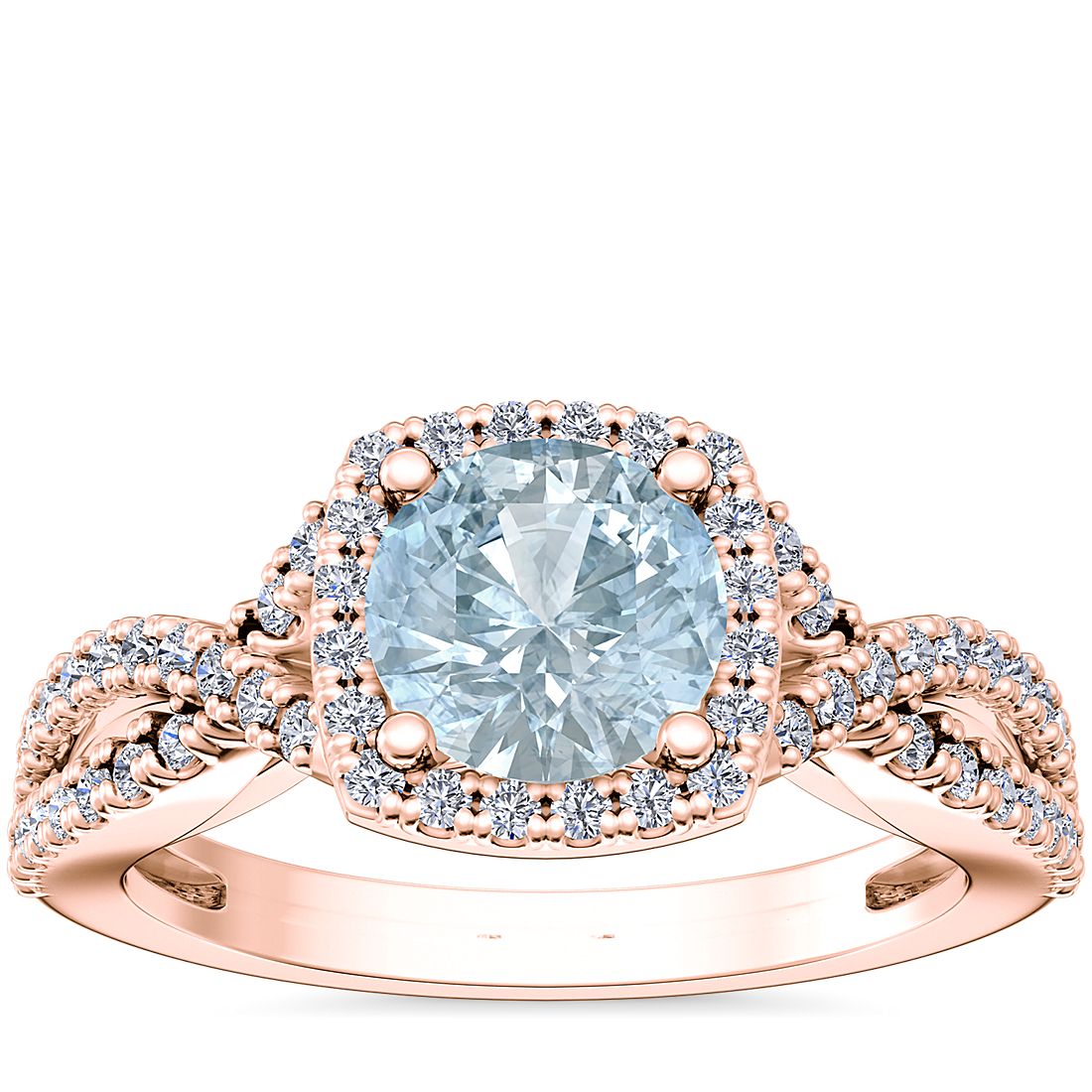 Anillo de compromiso de diseño torcido con halo de diamantes y aguamarina redonda en oro rosado de 14 k (8 mm)