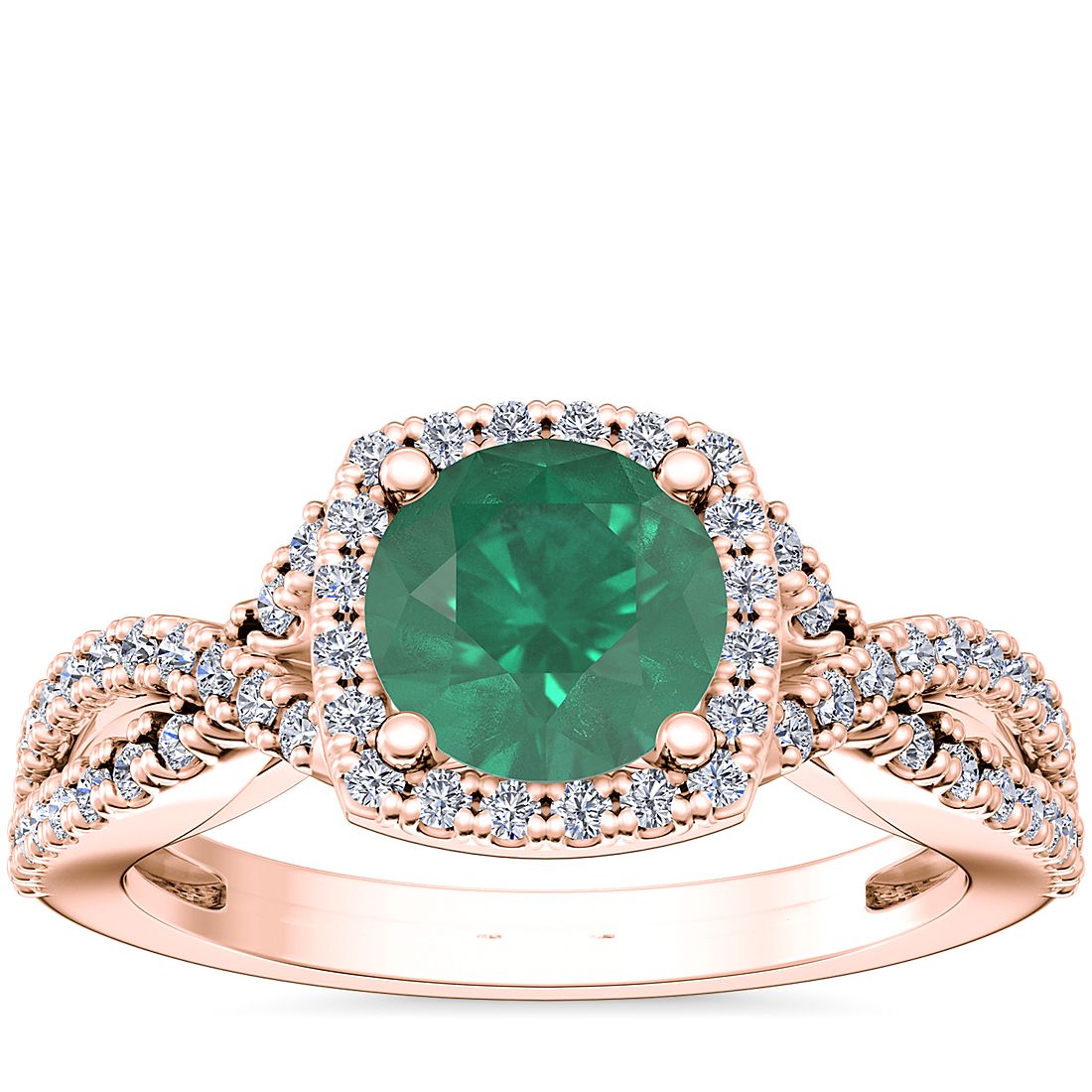 Twist Halo Diamond Engagement Ring with Round Emerald in 14k Rose Gold ...