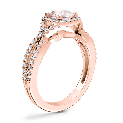 Anillo de compromiso de diseño torcido con halo de diamantes y morganita redonda en oro rosado de 14 k (6,5 mm)