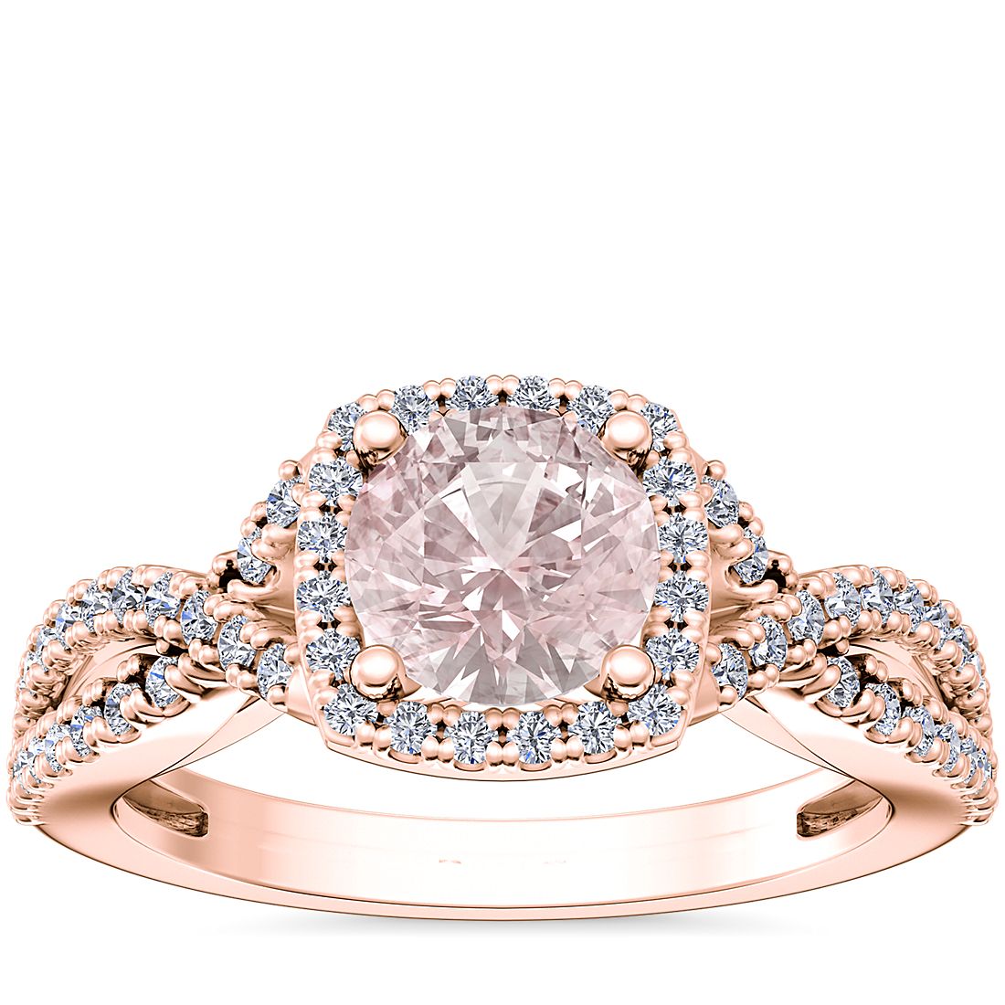 Anillo de compromiso de diseño torcido con halo de diamantes y morganita redonda en oro rosado de 14 k (6,5 mm)