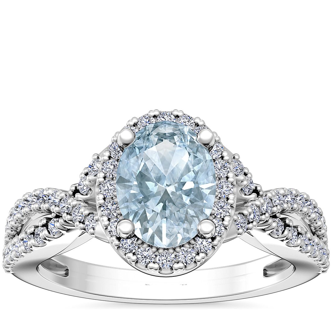 Twist Halo Diamond Engagement Ring with Oval Aquamarine in 14k White Gold (8x6mm)