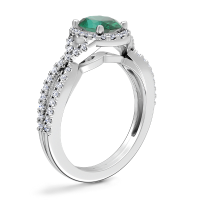 Twist Halo Diamond Engagement Ring with Oval Emerald in 14k White Gold (8x6mm)