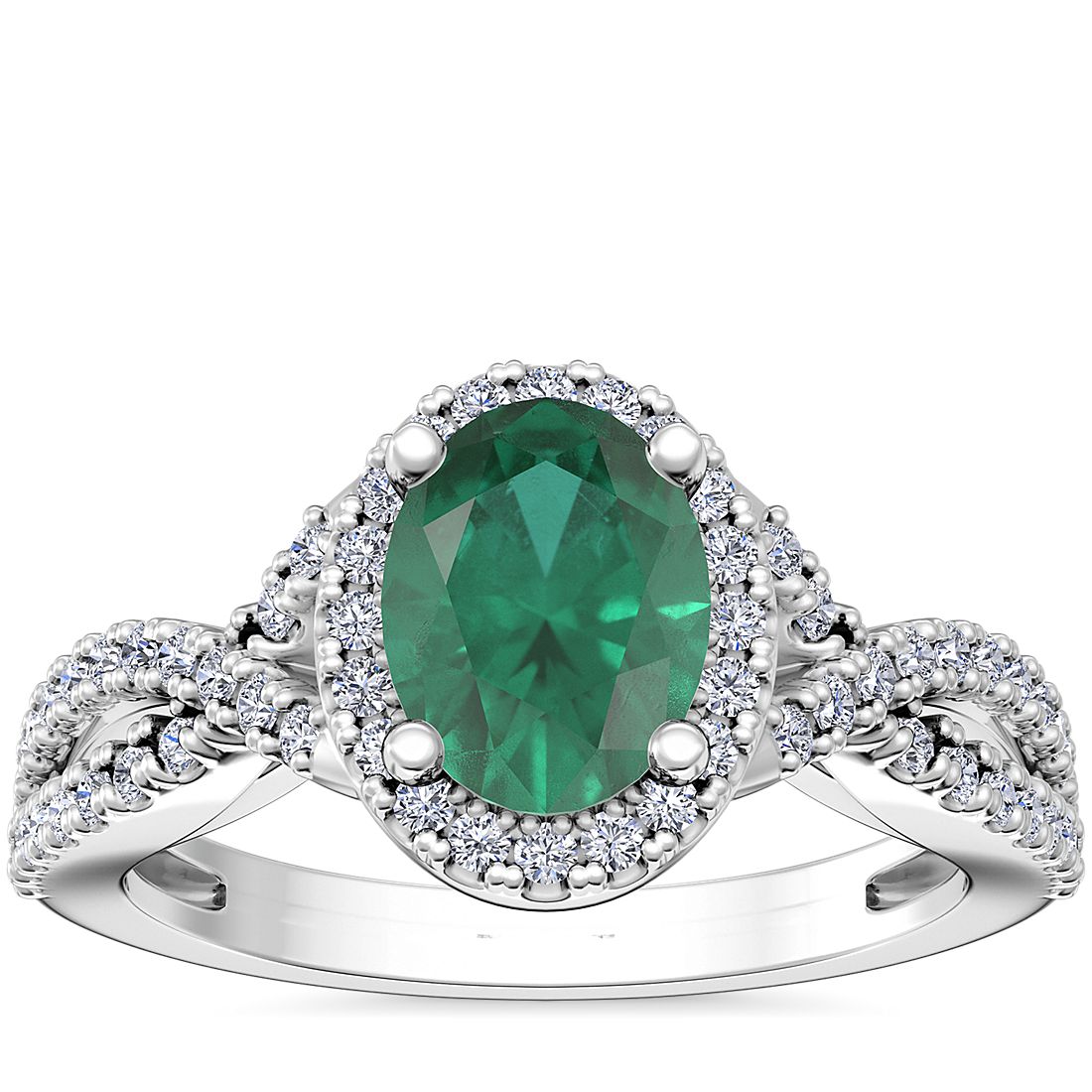 Twist Halo Diamond Engagement Ring with Oval Emerald in 14k White Gold (8x6mm)