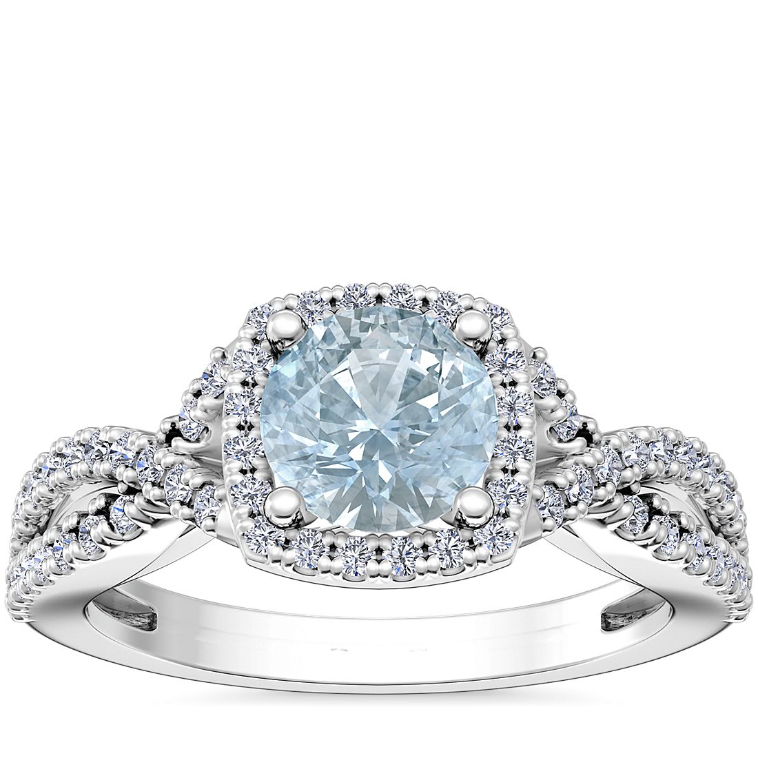 Twist Halo Diamond Engagement Ring with Round Aquamarine in 14k White Gold (6.5mm)