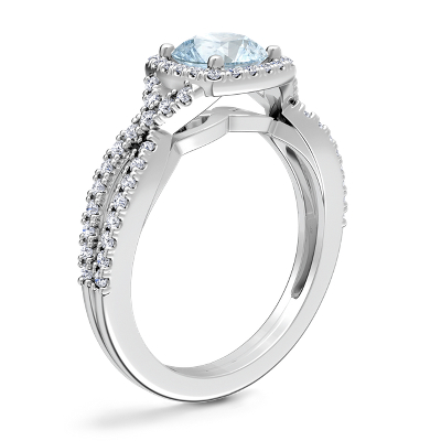 Twist Halo Diamond Engagement Ring with Round Aquamarine in 14k White Gold (8mm)