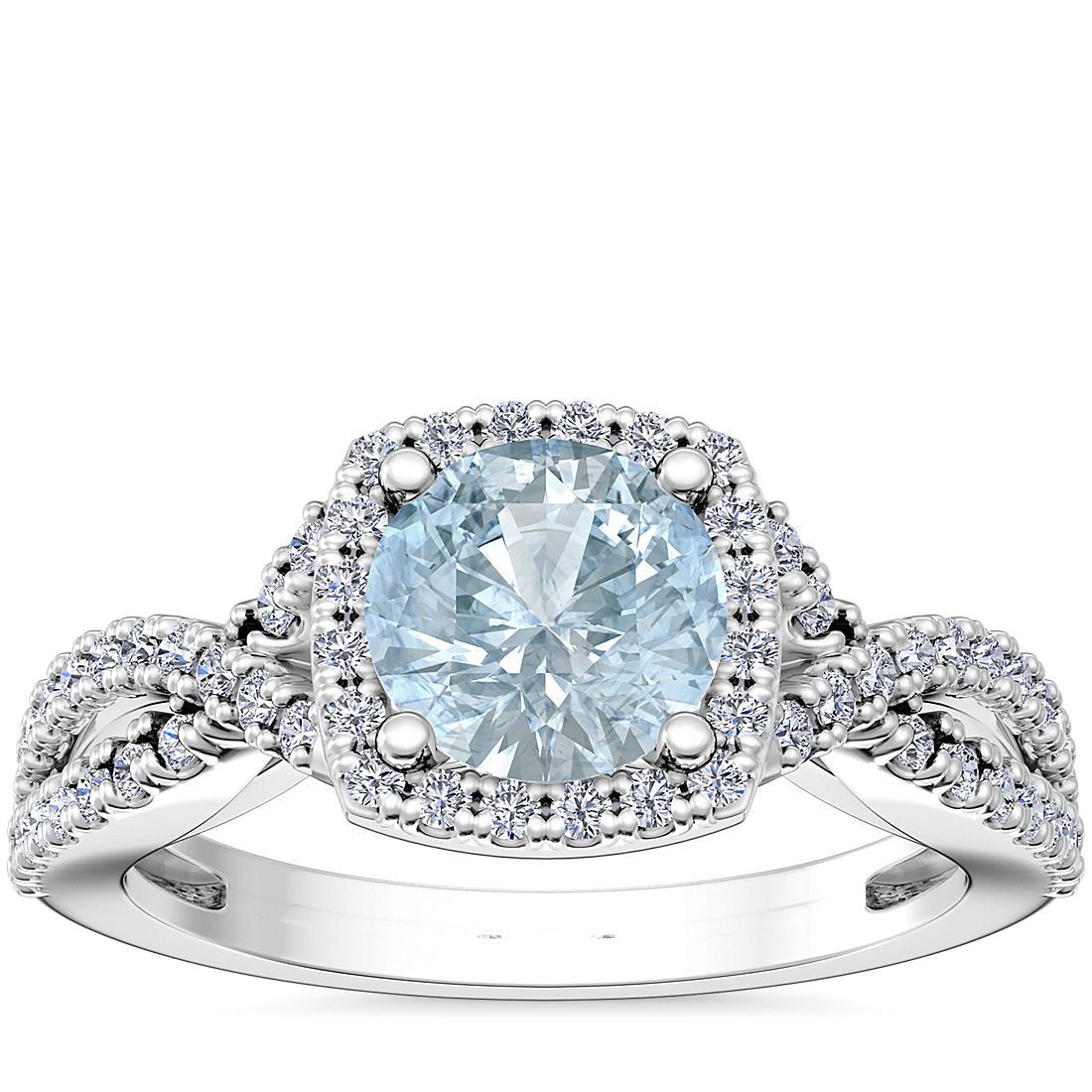 Twist Halo Diamond Engagement Ring with Round Aquamarine in 14k White Gold (8mm)