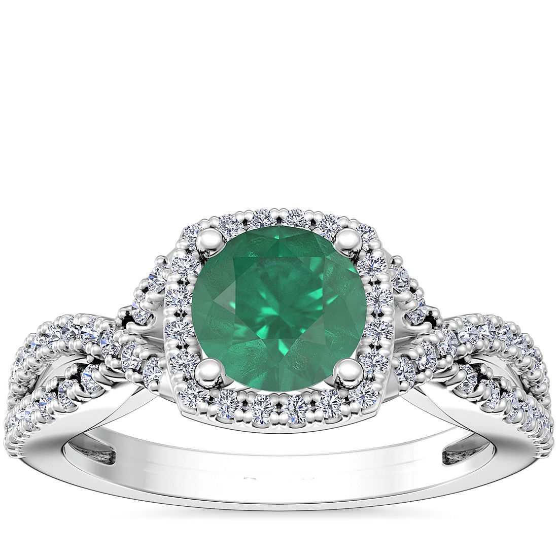 14k 白金扭轉光環鑽石訂婚戒指搭圓形綠寶石（6.5 毫米）