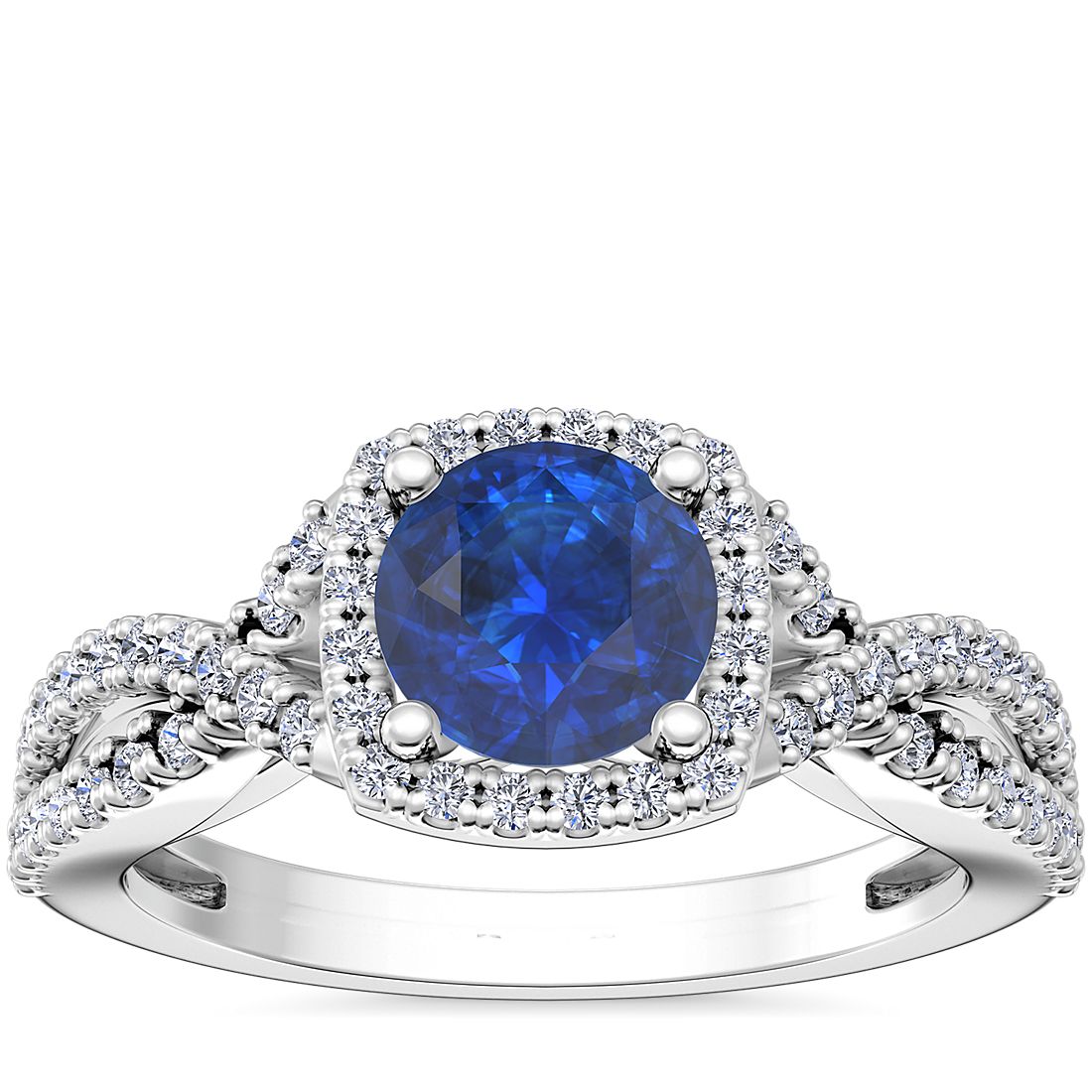 Twist Halo Diamond Engagement Ring with Round Sapphire in 14k White Gold (6mm)