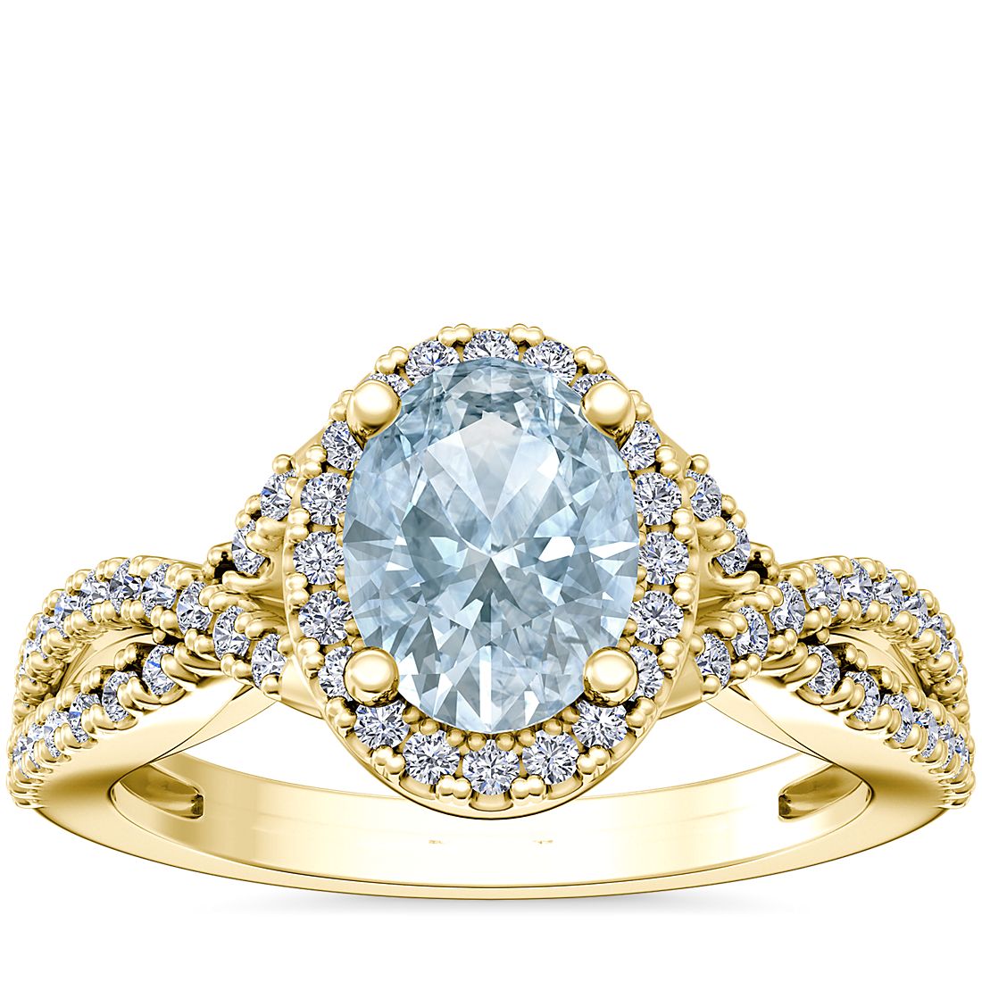 Twist Halo Diamond Engagement Ring with Oval Aquamarine in 14k Yellow Gold (8x6mm)