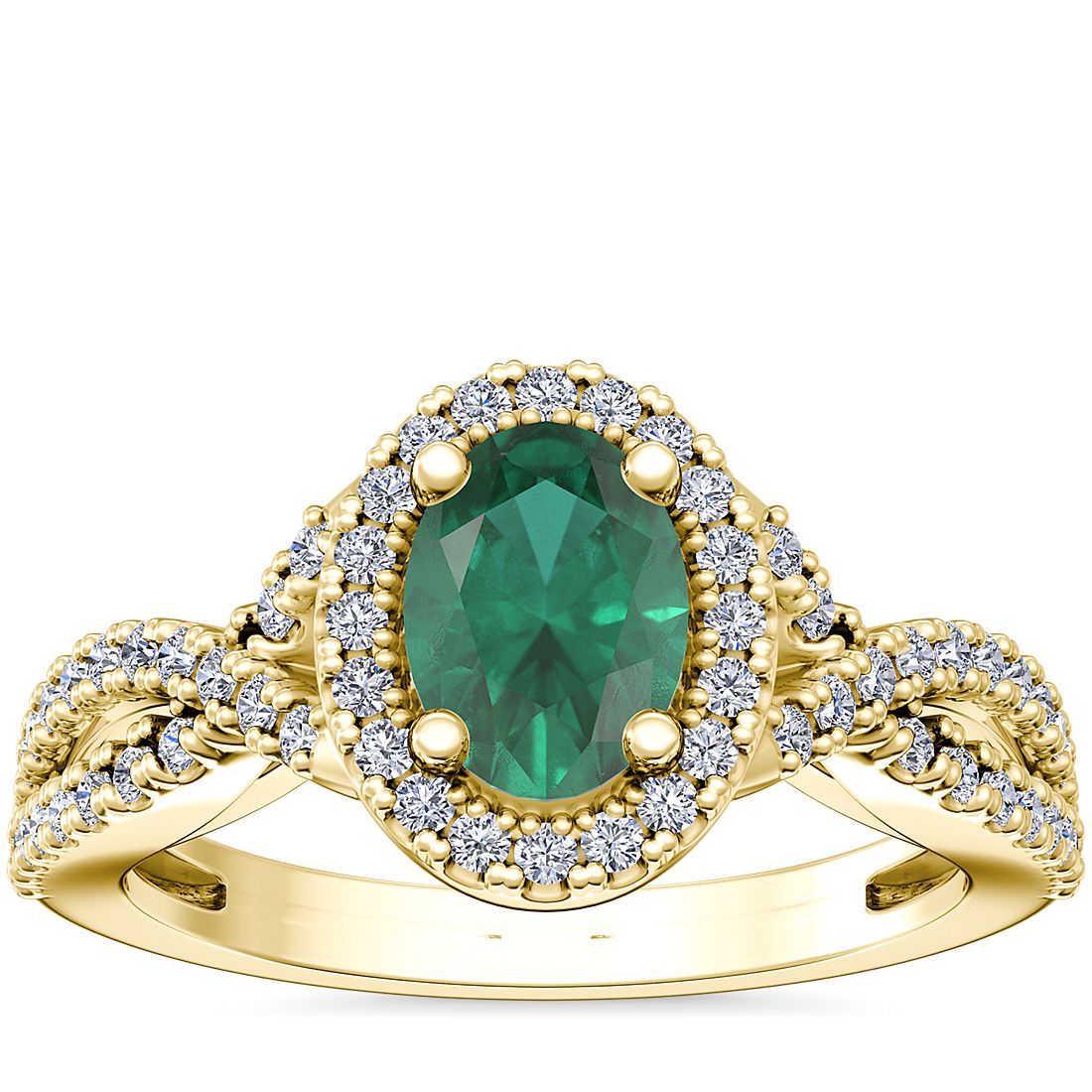Twist Halo Diamond Engagement Ring with Oval Emerald in 14k Yellow Gold (7x5mm)