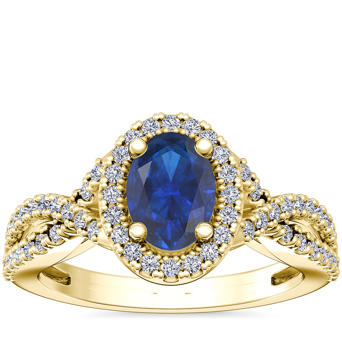 Twist Halo Diamond Engagement Ring with Oval Sapphire in 14k Yellow Gold (7x5mm)
