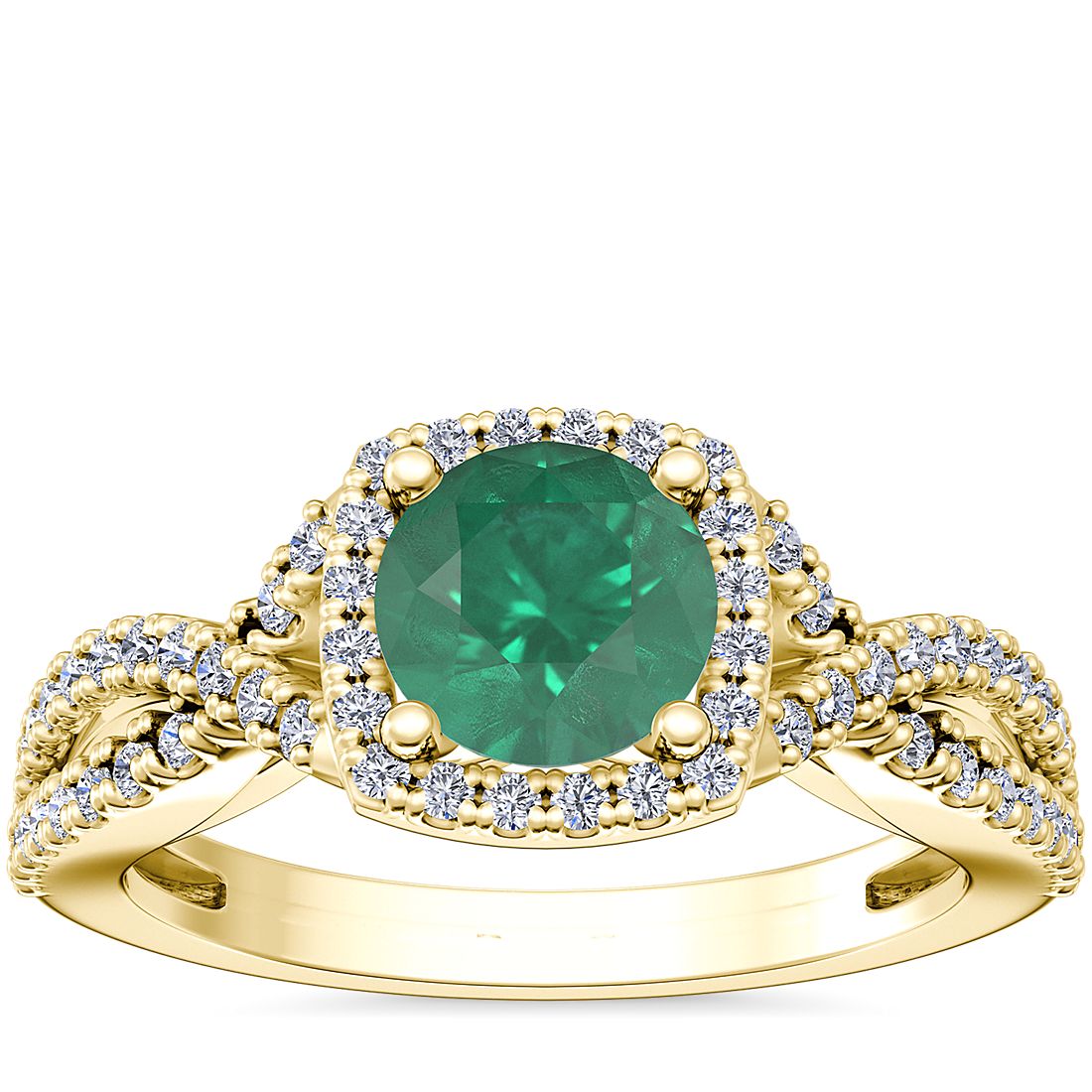 Anillo de compromiso de diseño torcido con halo de diamantes y esmeralda redonda en oro amarillo de 14 k (6,5 mm)