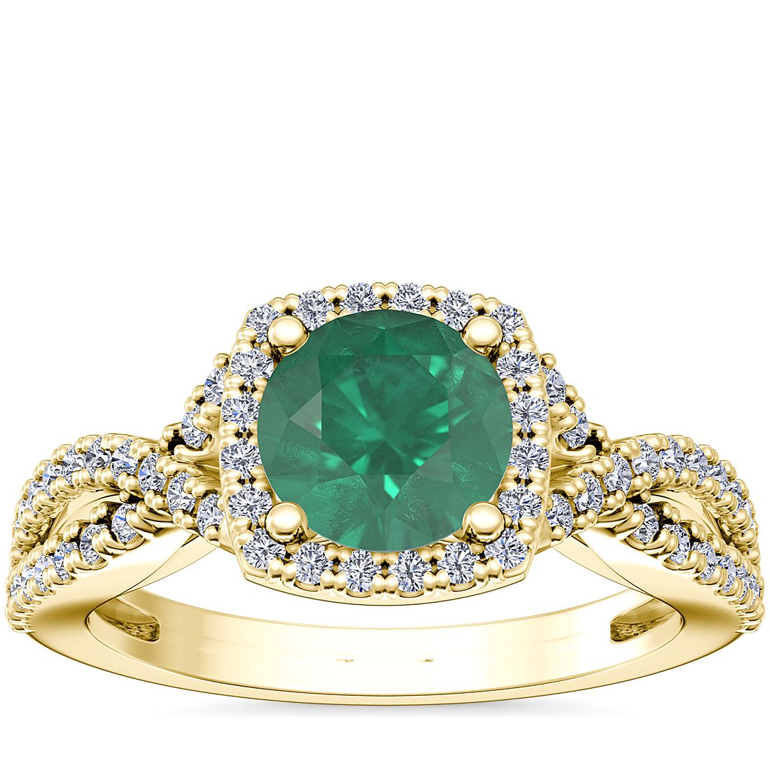 Anillo de compromiso de diseño torcido con halo de diamantes y esmeralda redonda en oro amarillo de 14 k (8 mm)