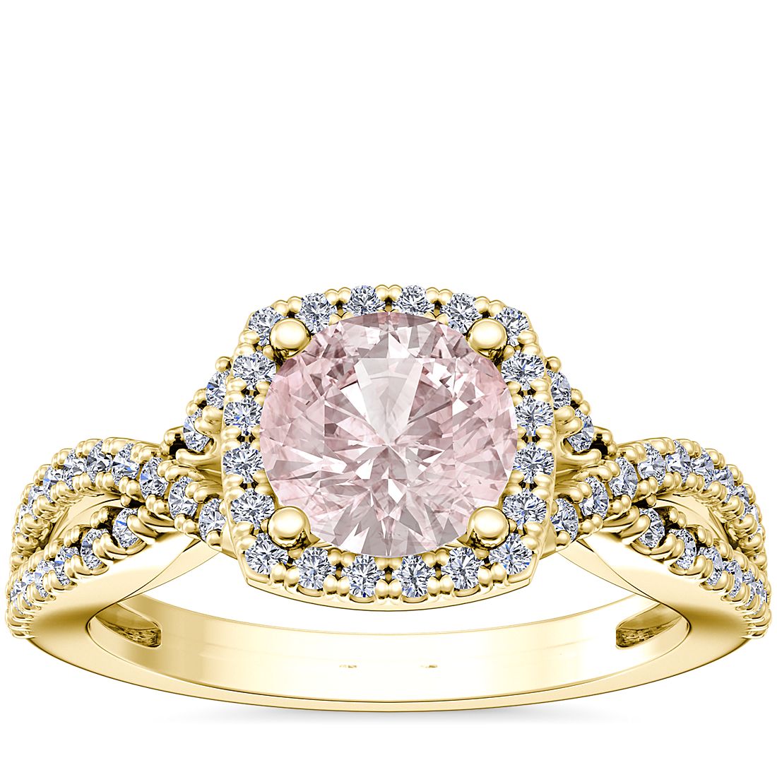 Twist Halo Diamond Engagement Ring with Round Morganite in 14k Yellow Gold (8mm)