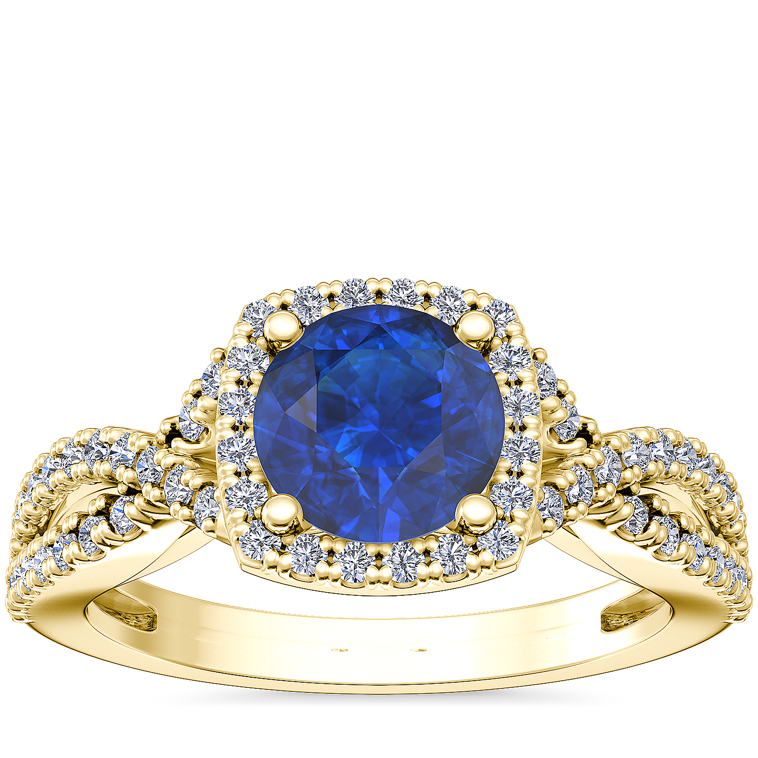 Twist Halo Diamond Engagement Ring with Round Sapphire in 14k Yellow Gold (8mm)
