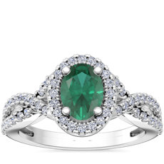 Twist Halo Diamond Engagement Ring with Oval Emerald in Platinum (7x5mm)