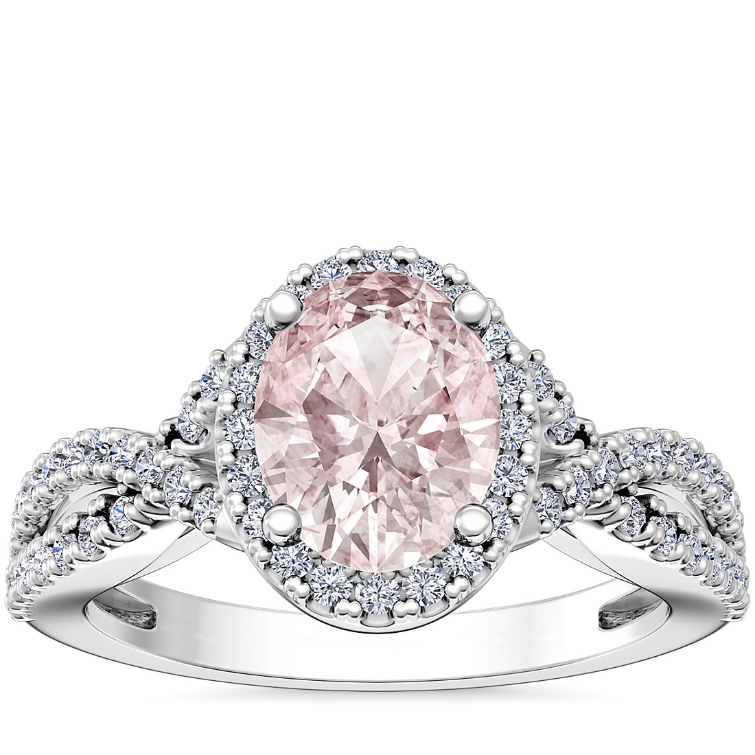 Twist Halo Diamond Engagement Ring with Oval Morganite in Platinum (9x7mm)