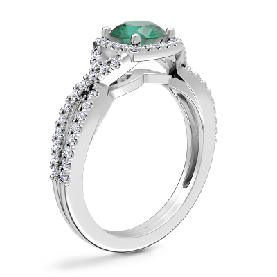 Twist Halo Diamond Engagement Ring with Round Emerald in Platinum (6.5mm)