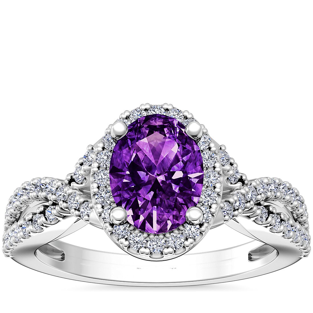 Twist Halo Diamond Engagement Ring with Oval Amethyst in 14k White Gold (8x6mm)