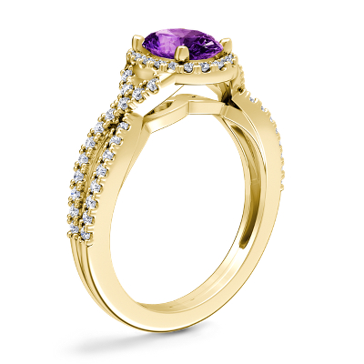Twist Halo Diamond Engagement Ring with Oval Amethyst in 14k Yellow Gold (8x6mm)