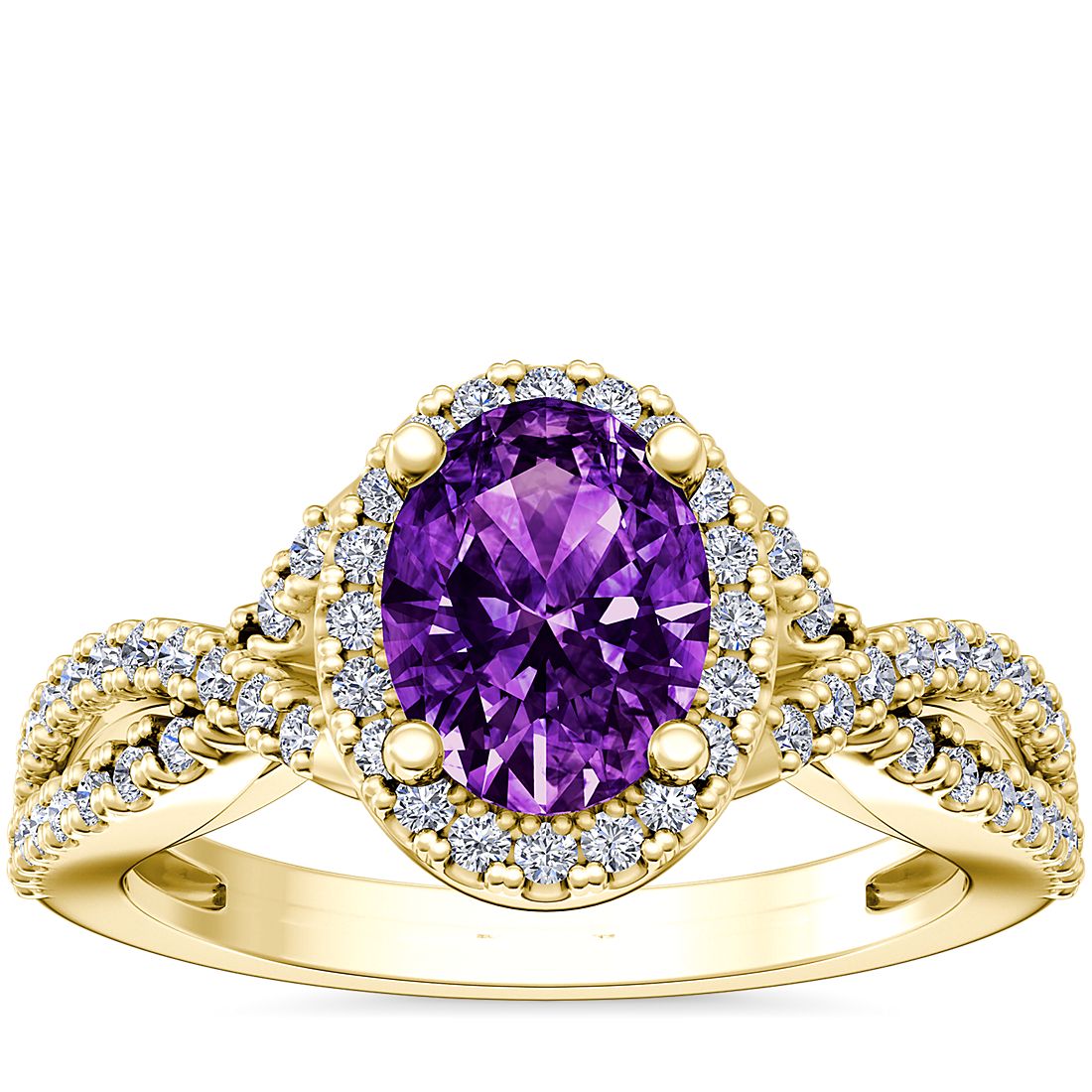 Twist Halo Diamond Engagement Ring with Oval Amethyst in 14k Yellow Gold (8x6mm)