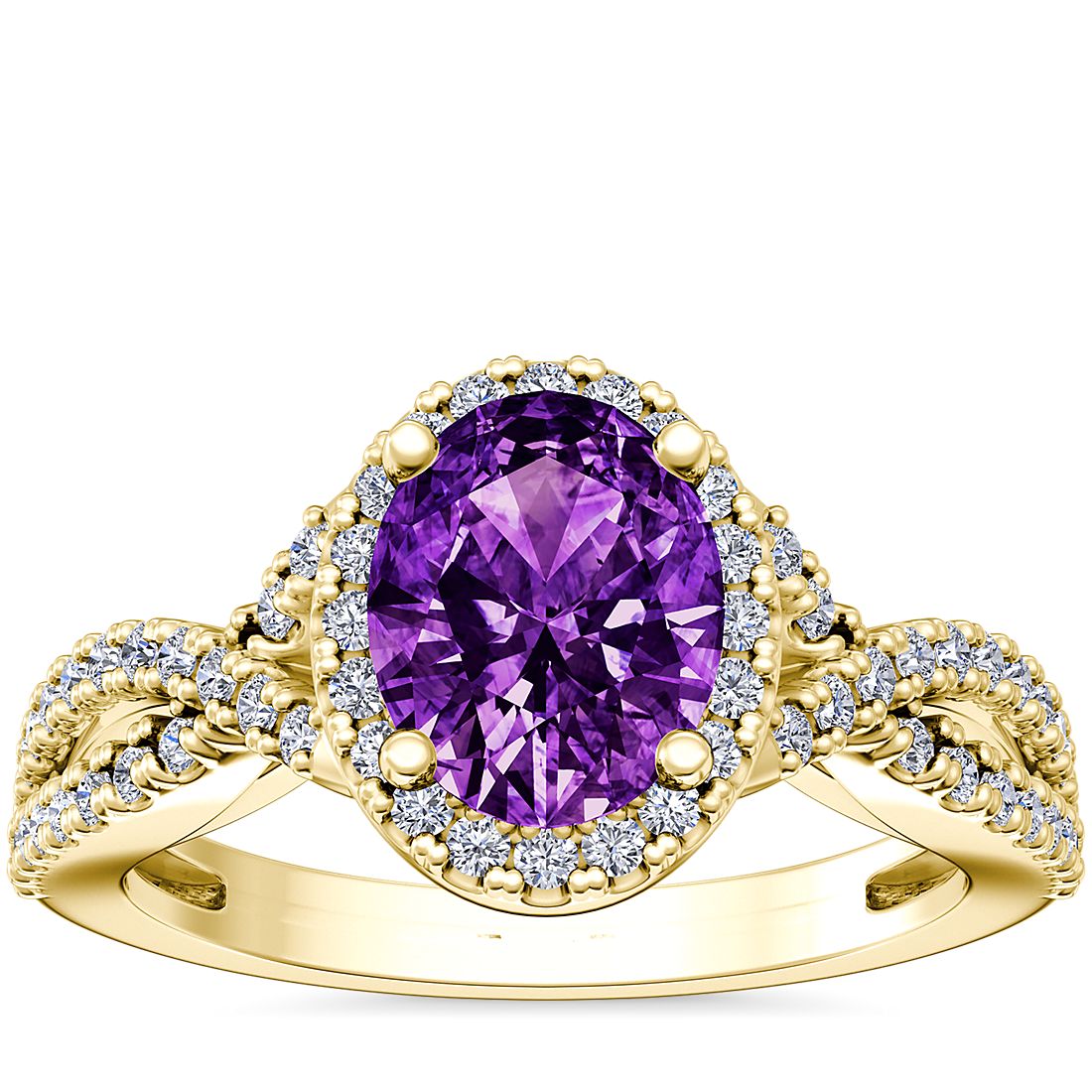 Twist Halo Diamond Engagement Ring with Oval Amethyst in 14k Yellow Gold (9x7mm)