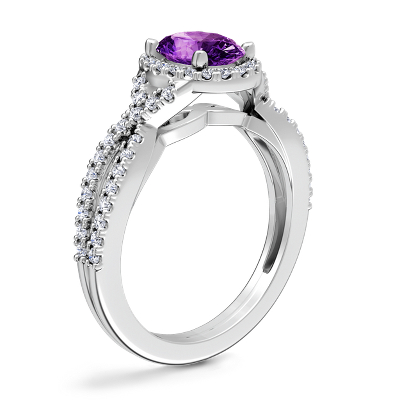 Twist Halo Diamond Engagement Ring with Oval Amethyst in Platinum (8x6mm)