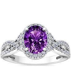 Twist Halo Diamond Engagement Ring with Oval Amethyst in Platinum (9x7mm)