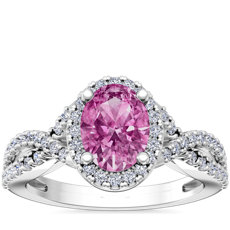 新款 14k 白金配椭圆形粉色蓝宝石扭转光环钻石订婚戒指（8x6 毫米）