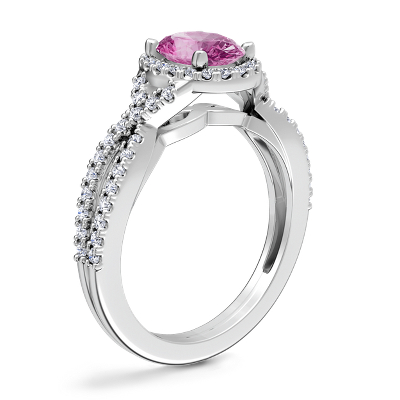 Twist Halo Diamond Engagement Ring with Oval Pink Sapphire in Platinum (8x6mm)