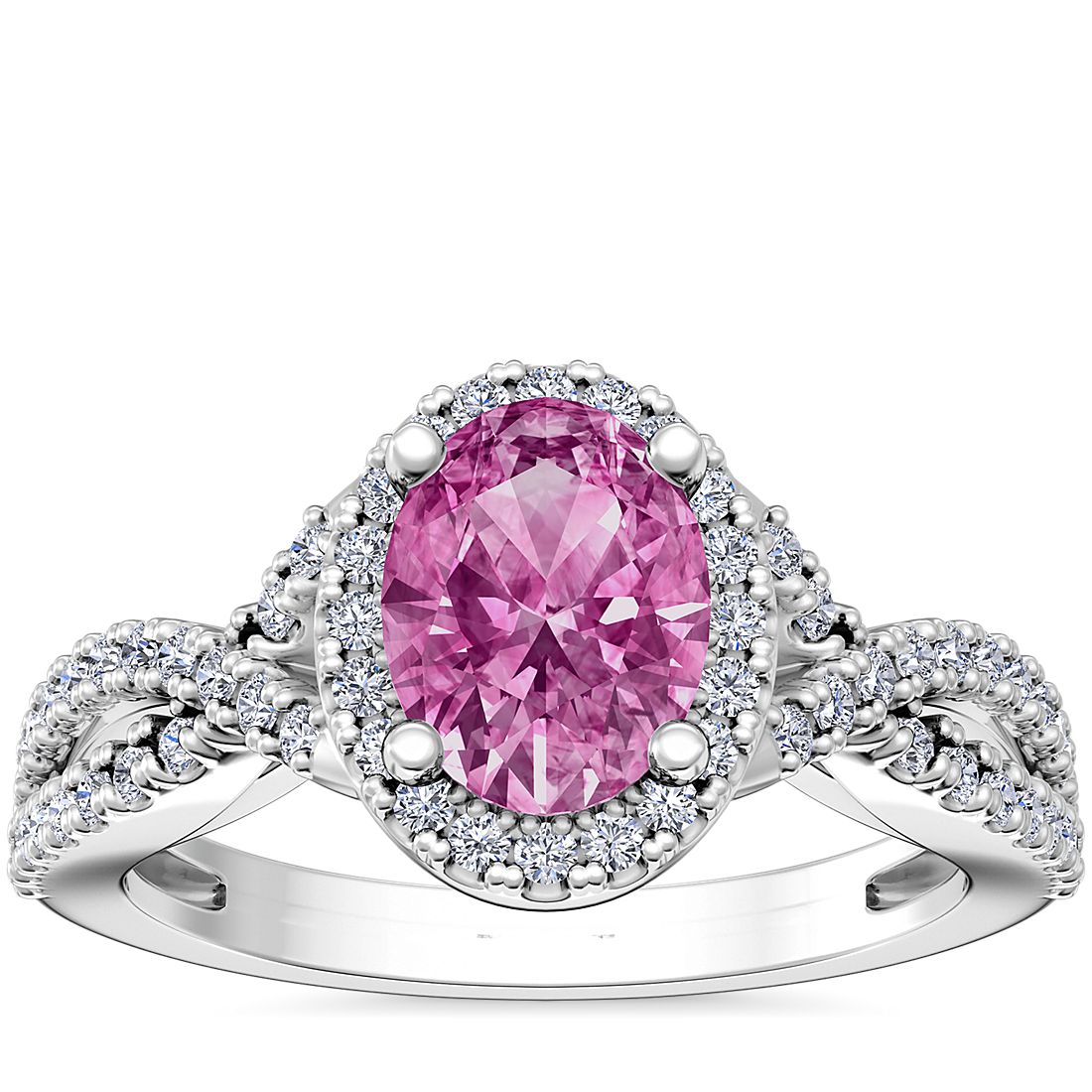 Twist Halo Diamond Engagement Ring with Oval Pink Sapphire in Platinum (8x6mm)