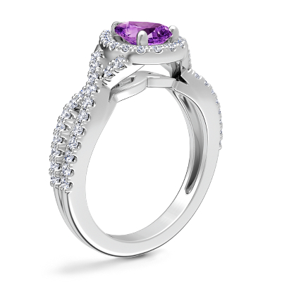 Twist Halo Diamond Engagement Ring with Pear-Shaped Amethyst in Platinum (7x5mm)