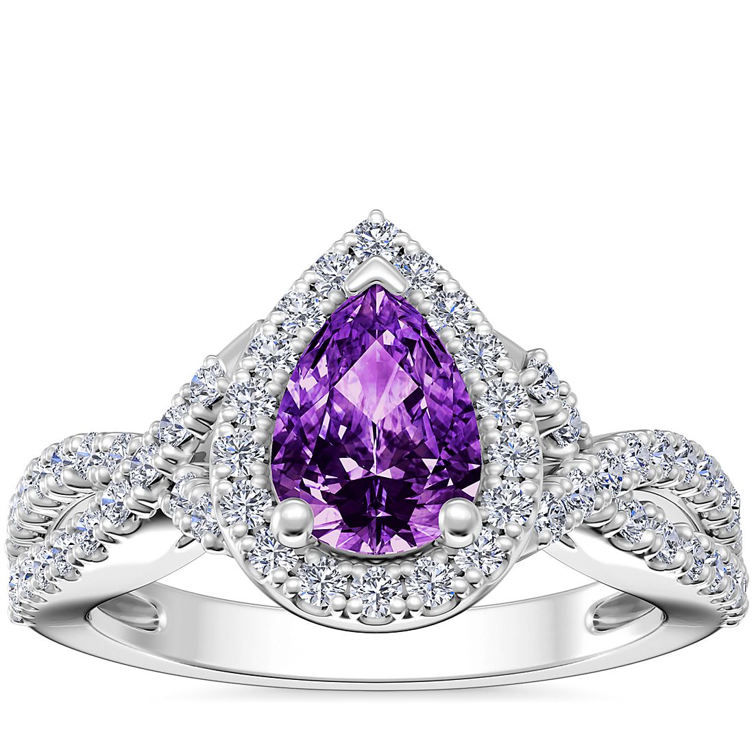 Twist Halo Diamond Engagement Ring with Pear-Shaped Amethyst in Platinum (7x5mm)