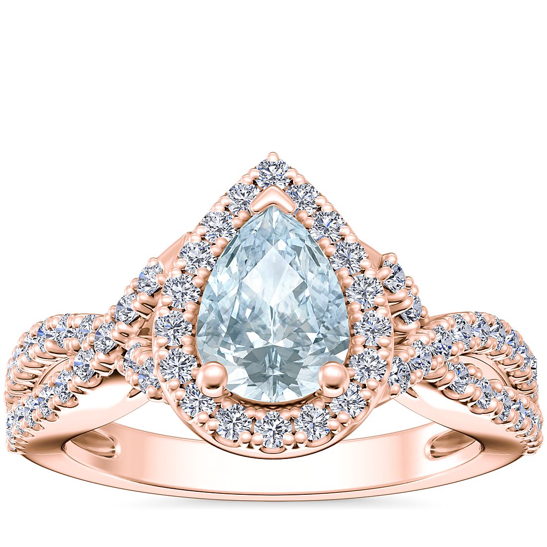 Twist Halo Diamond Engagement Ring with Pear-Shaped Aquamarine en oro rosado de 14 k (7x5 mm)