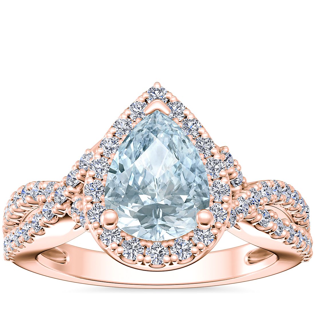 Twist Halo Diamond Engagement Ring with Pear-Shaped Aquamarine in 14k Rose Gold (8x6mm)
