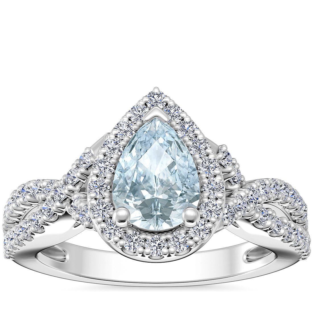 Twist Halo Diamond Engagement Ring with Pear-Shaped Aquamarine en oro blanco de 14 k (7x5 mm)