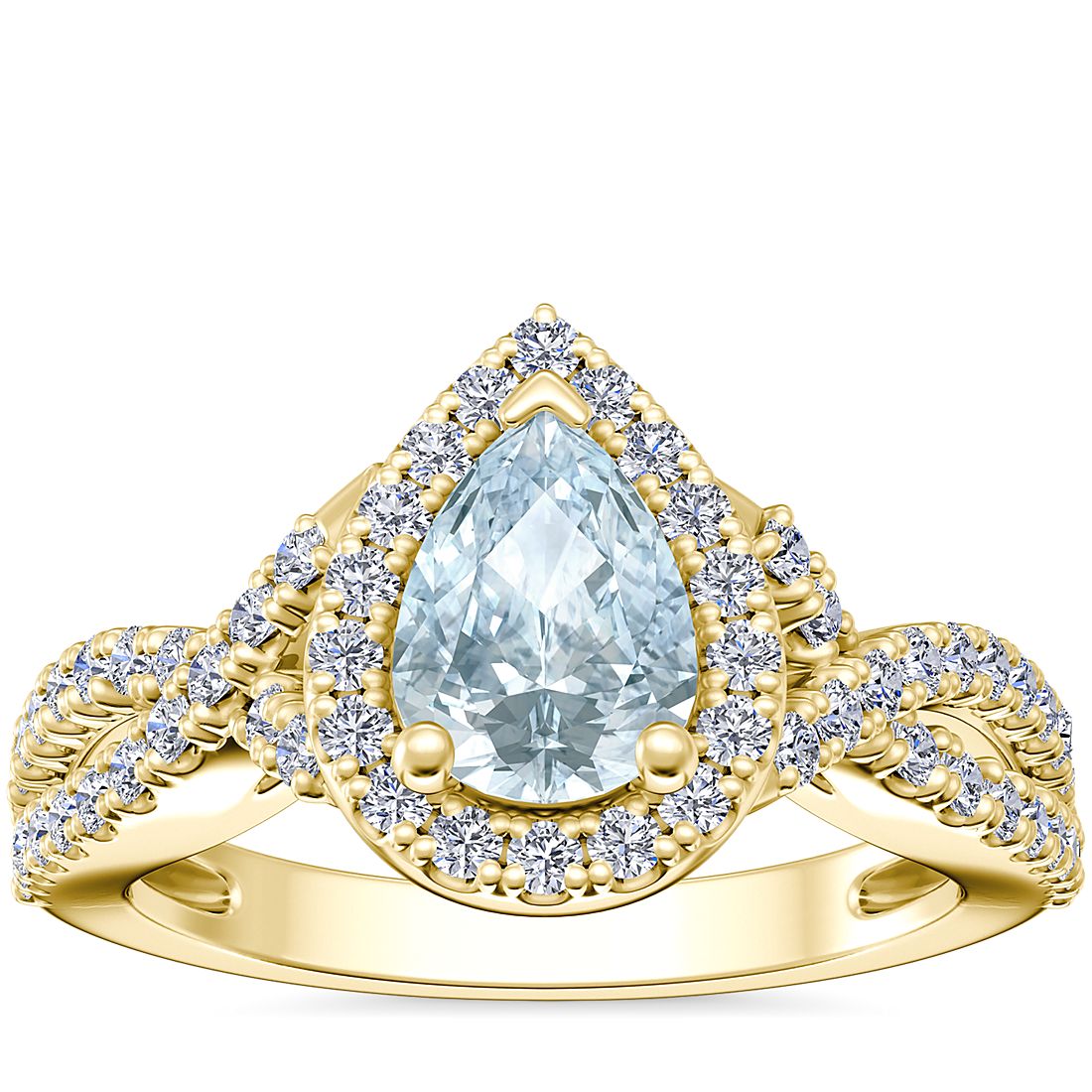 Twist Halo Diamond Engagement Ring with Pear-Shaped Aquamarine in 14k Yellow Gold (7x5mm)