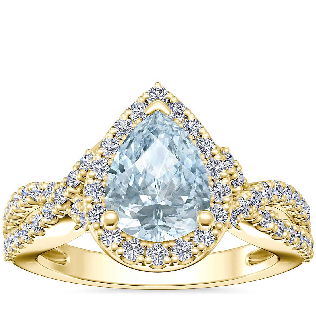 Twist Halo Diamond Engagement Ring with Pear-Shaped Aquamarine in 14k Yellow Gold (8x6mm)
