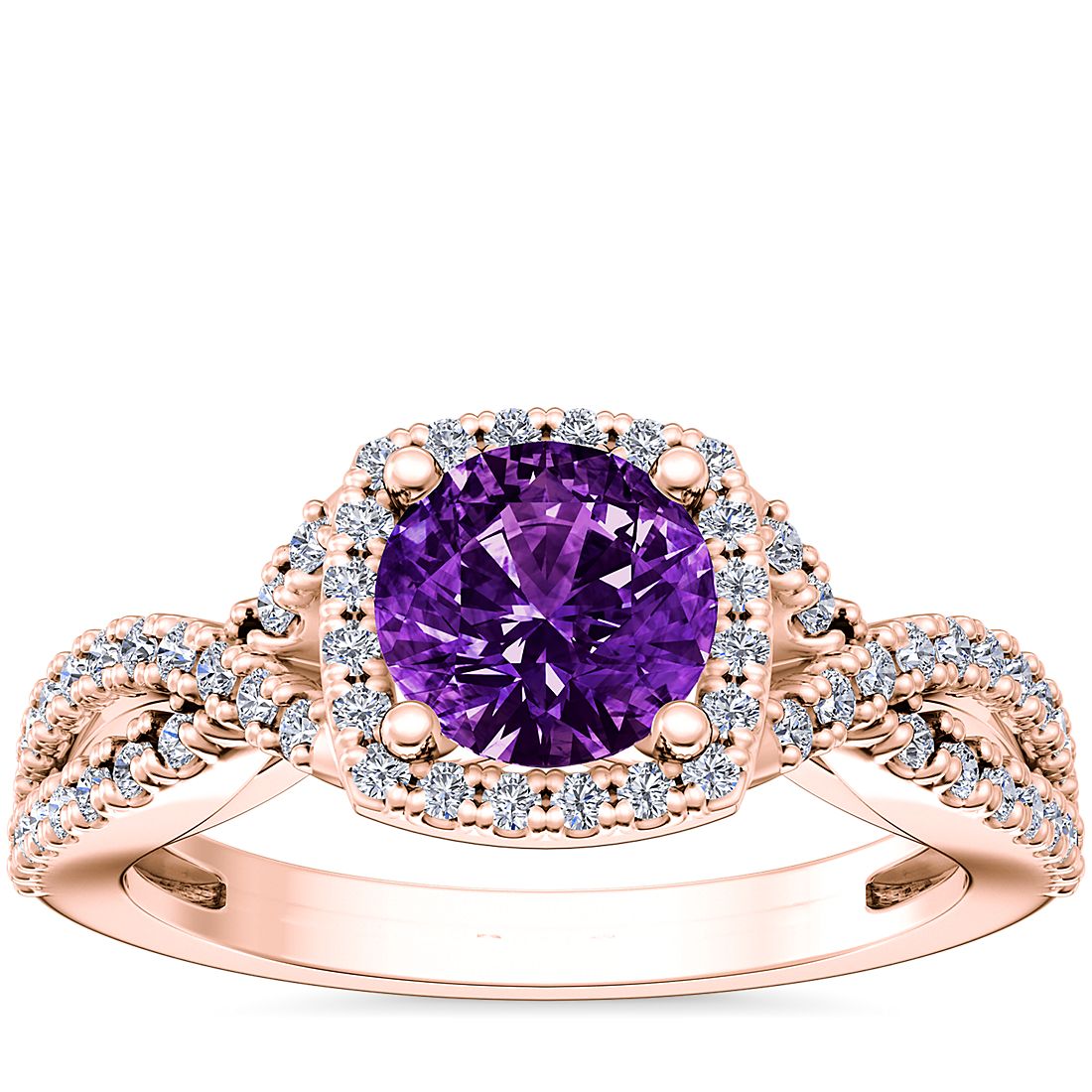 Anillo de compromiso de diseño torcido con halo de diamantes y amatista ovalada en oro rosado de 14 k (6,5 mm)