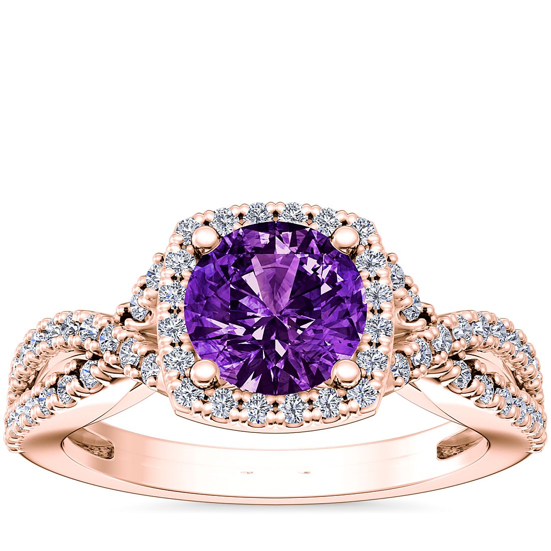 Twist Halo Diamond Engagement Ring with Round Amethyst in 14k Rose Gold (8mm)