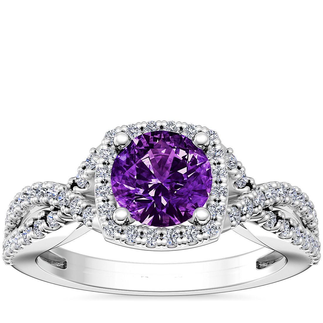 Twist Halo Diamond Engagement Ring with Round Amethyst in 14k White Gold (6.5mm)