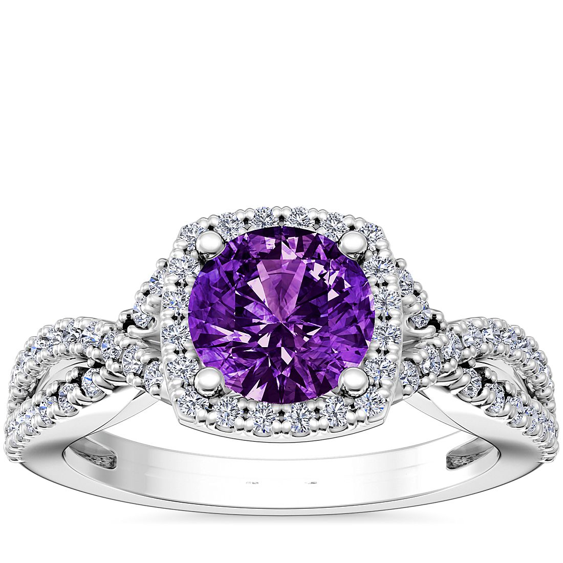 Twist Halo Diamond Engagement Ring with Round Amethyst in 14k White Gold (8mm)