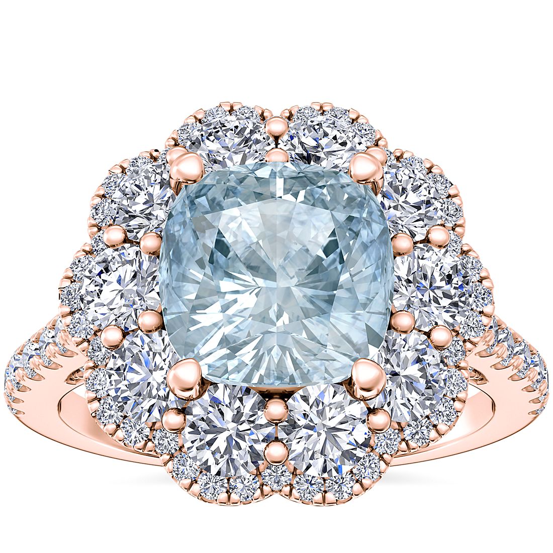 Vintage Diamond Halo Engagement Ring with Cushion Aquamarine in 14k Rose Gold (8mm)