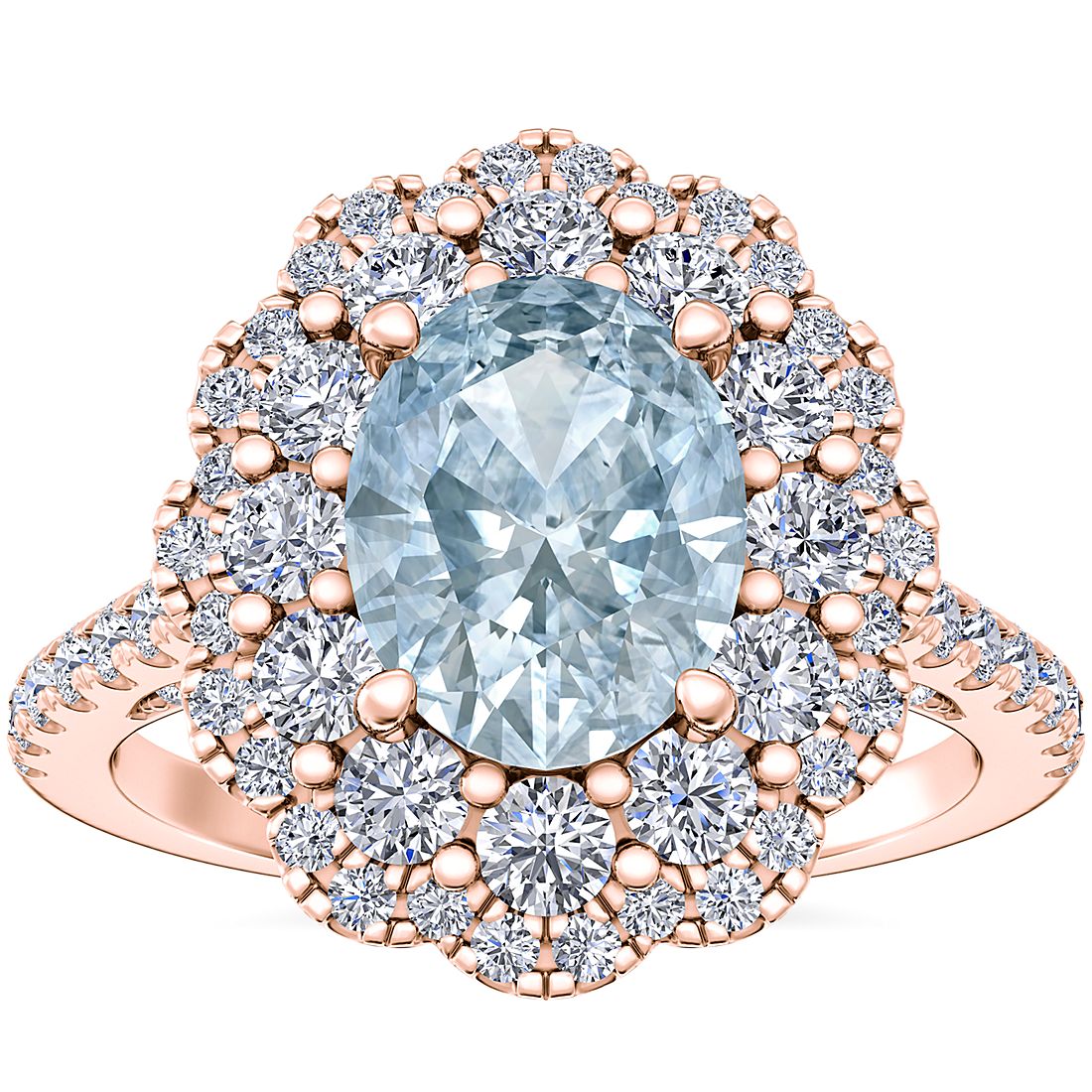 Vintage Diamond Halo Engagement Ring with Oval Aquamarine in 14k Rose Gold (9x7mm)